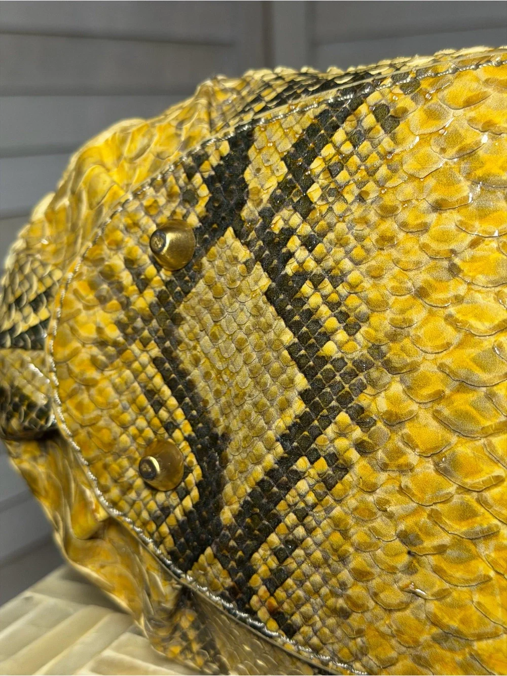 Elaine Turner Yellow Retro Snake-Print Satchel Handbag with Black Trim